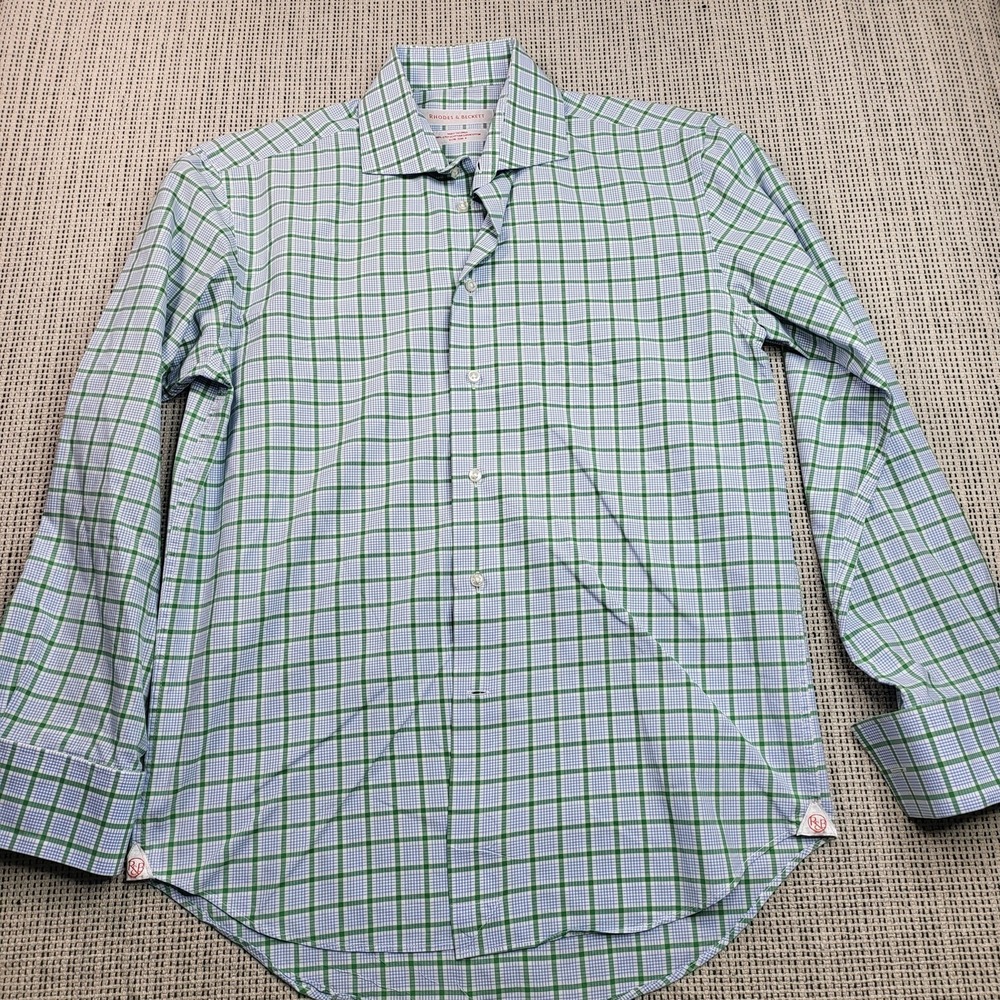 Rhodes & Beckett Dress Shirt Mens 16‎ Blue Green Check Slim Fit Egyptian Cotton